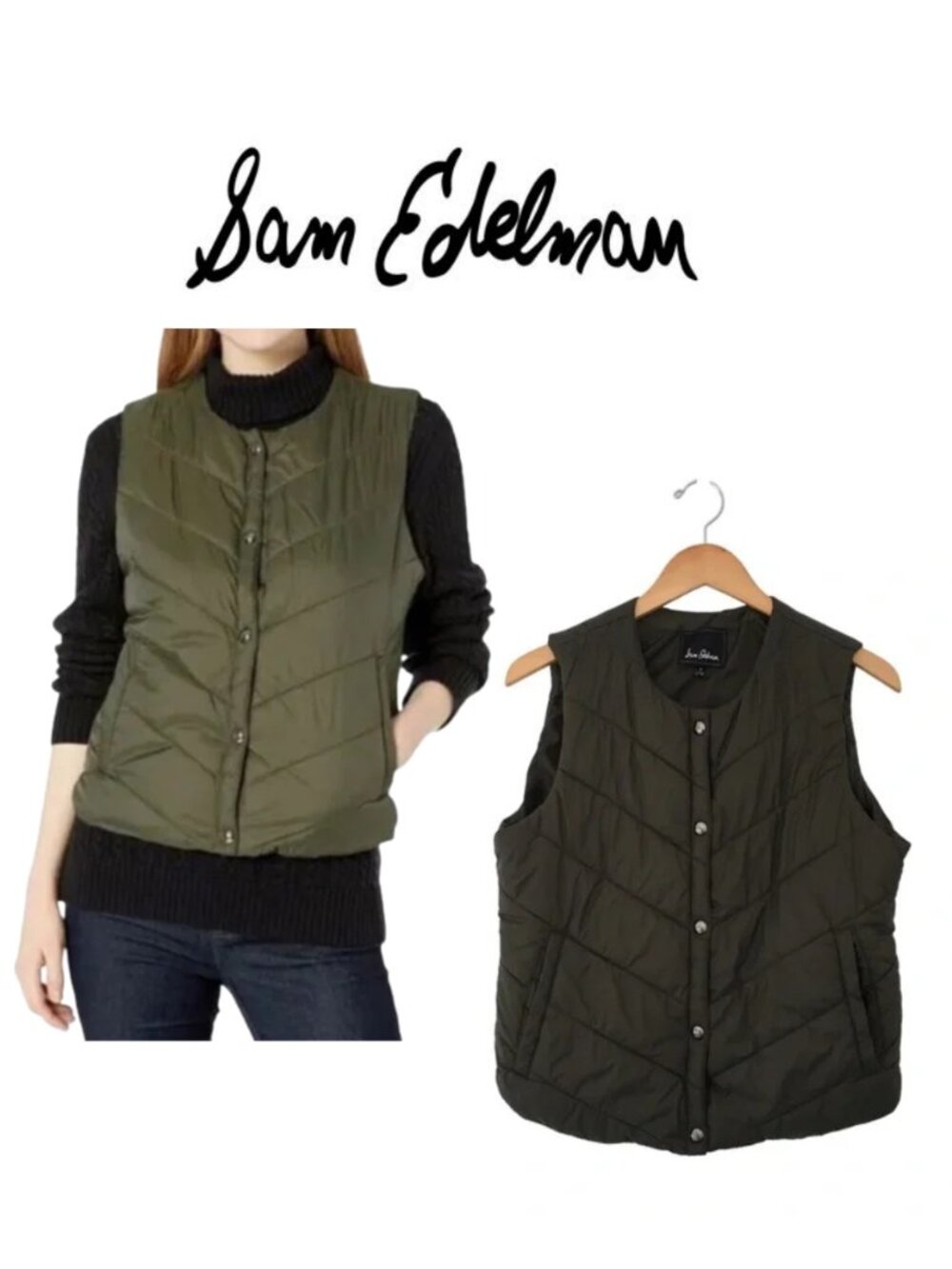 Sam Edelman Lightweight Puffer Vest Olive Green Cabincore Womenβs Medium